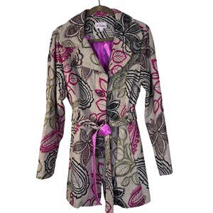Bohemian Floral Embroidered Linen Blend Belted Coat Pink Satin Lined 3 Sisters L